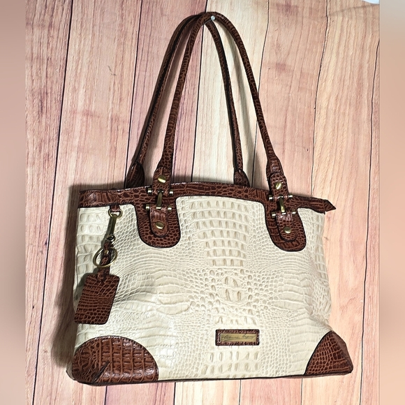 Etienne Aigner Leather Vintage Croc Embossed  Cream & Brown Tote Satchel 15x10" - Picture 8 of 15